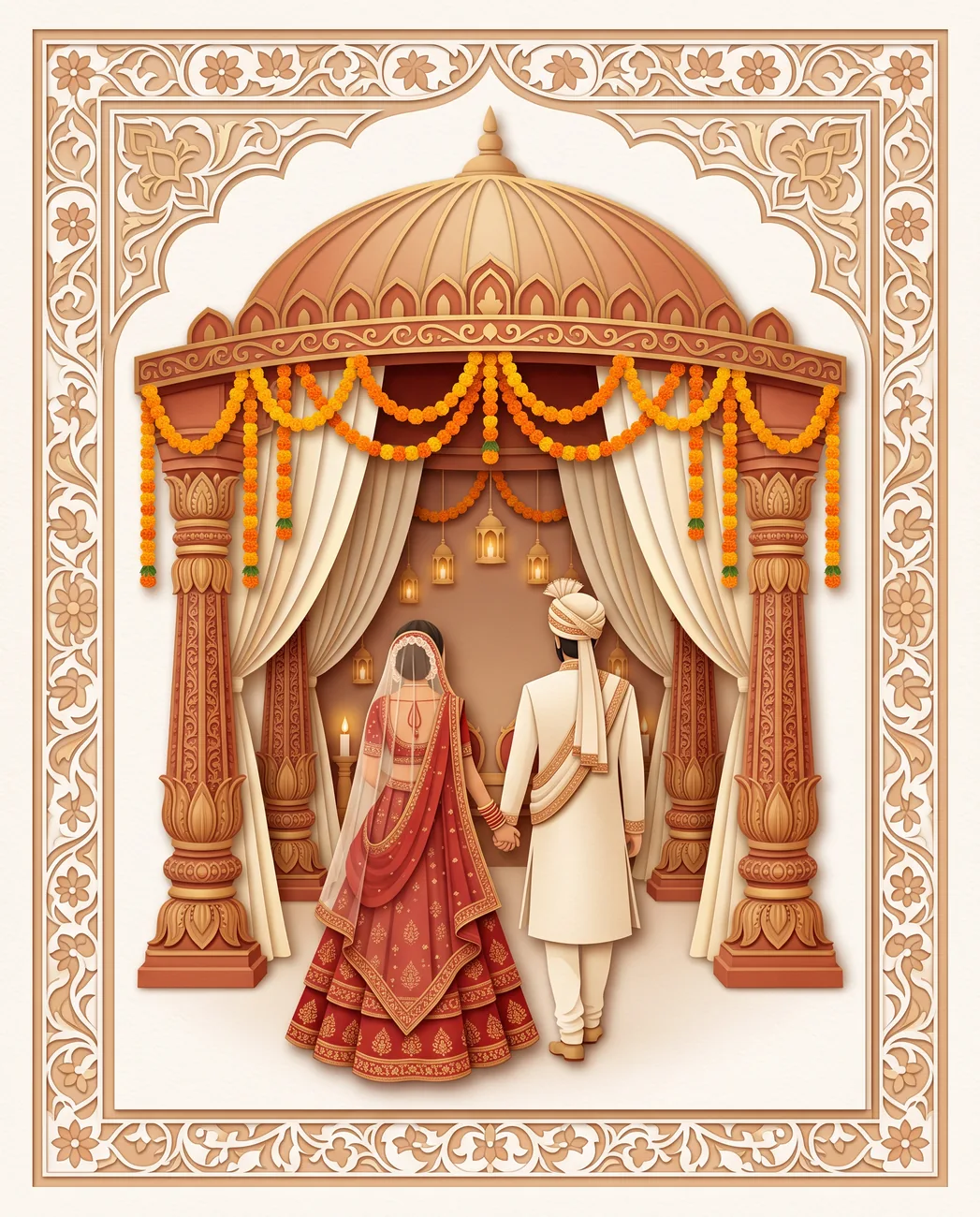 Bride and groom walking hand in hand into the mandap